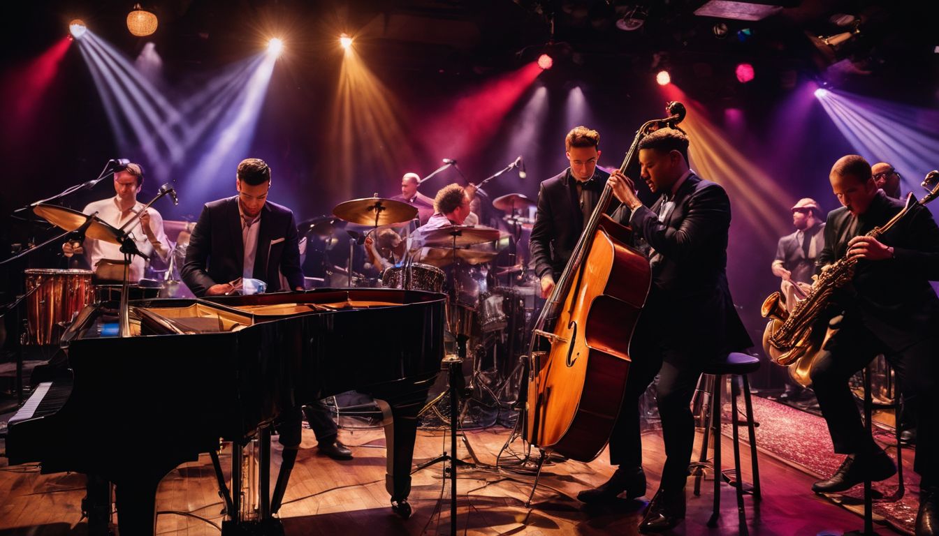 A jazz band performing on stage in a crowded club.